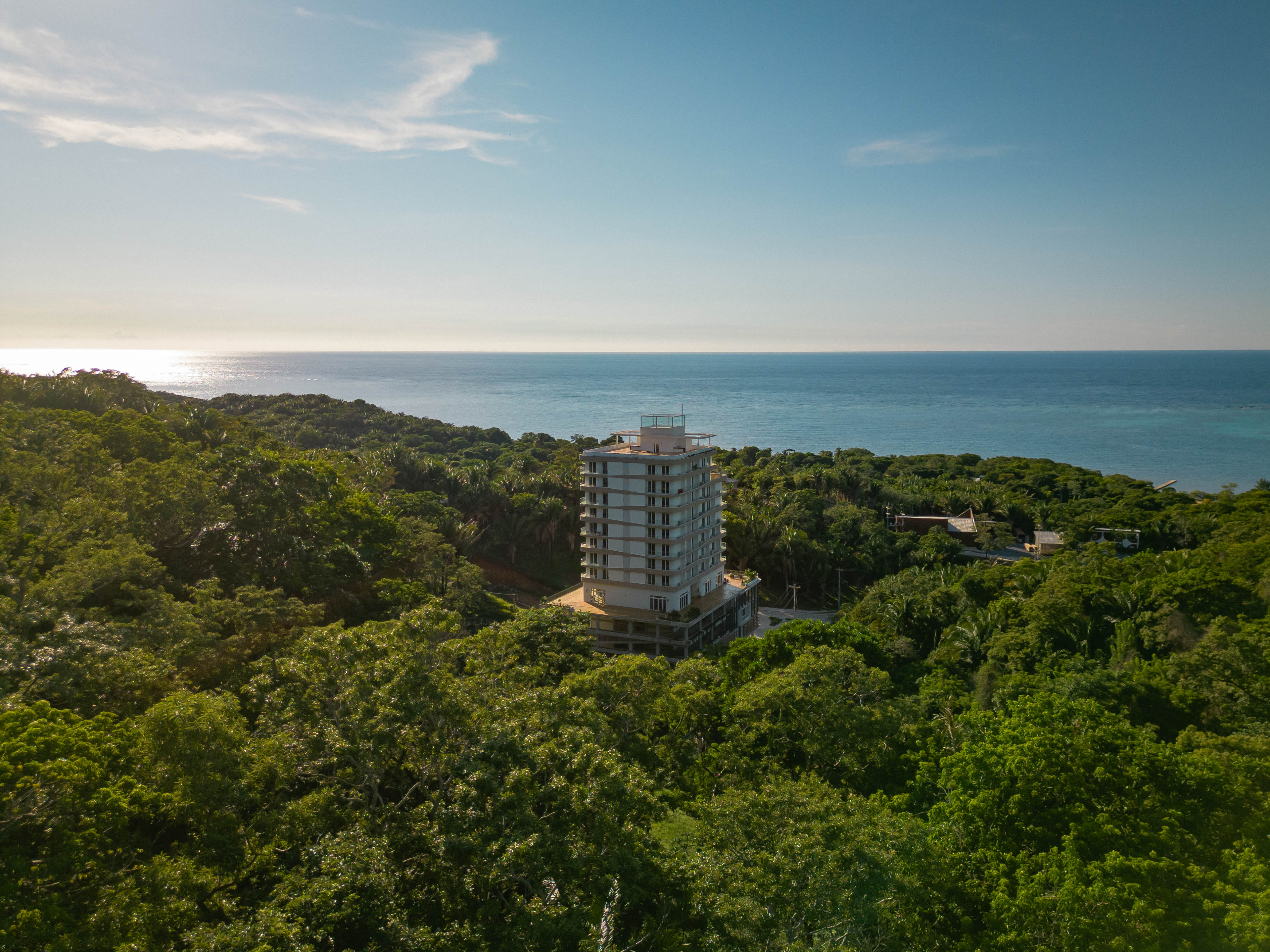 A tower rising above the forest canopy on Roatán, Próspera ZEDE